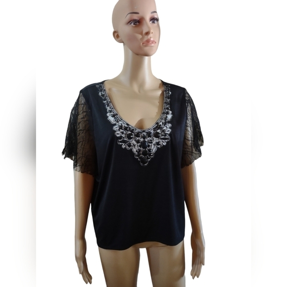 Six Degrees Of Separation Tops - Six degrees of separation Women's size medium black lace beaded blouse shirt top